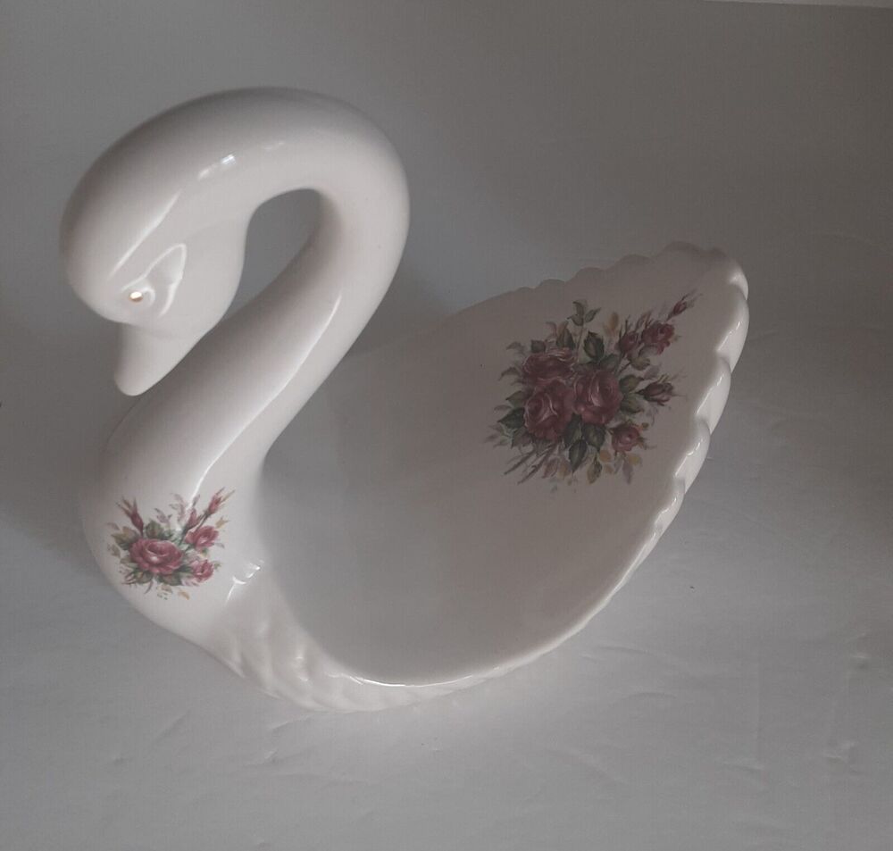 Vintage Athena Porcelain Swan Rose Spray Figurine U.S.A.